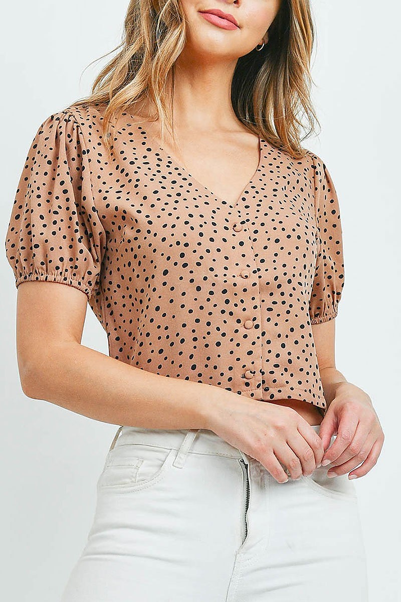 V neck button front puff sleeve polka dot crop top (ED9361)