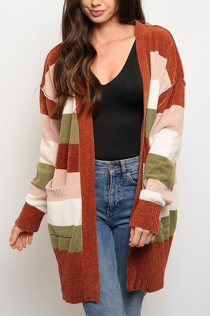 Long sleeve stripes pockets cardigan (EDWT3745)