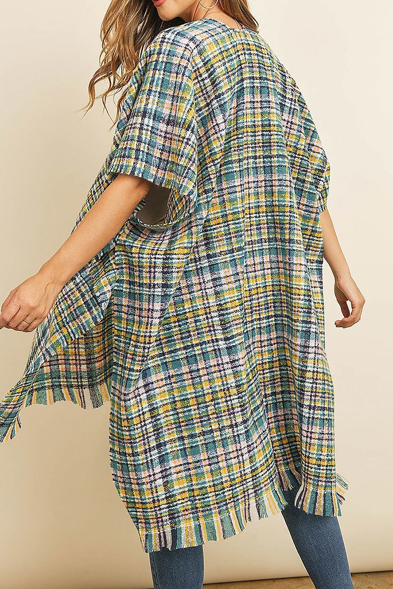 Plaid fringe detail poncho kimono (DGS4966)