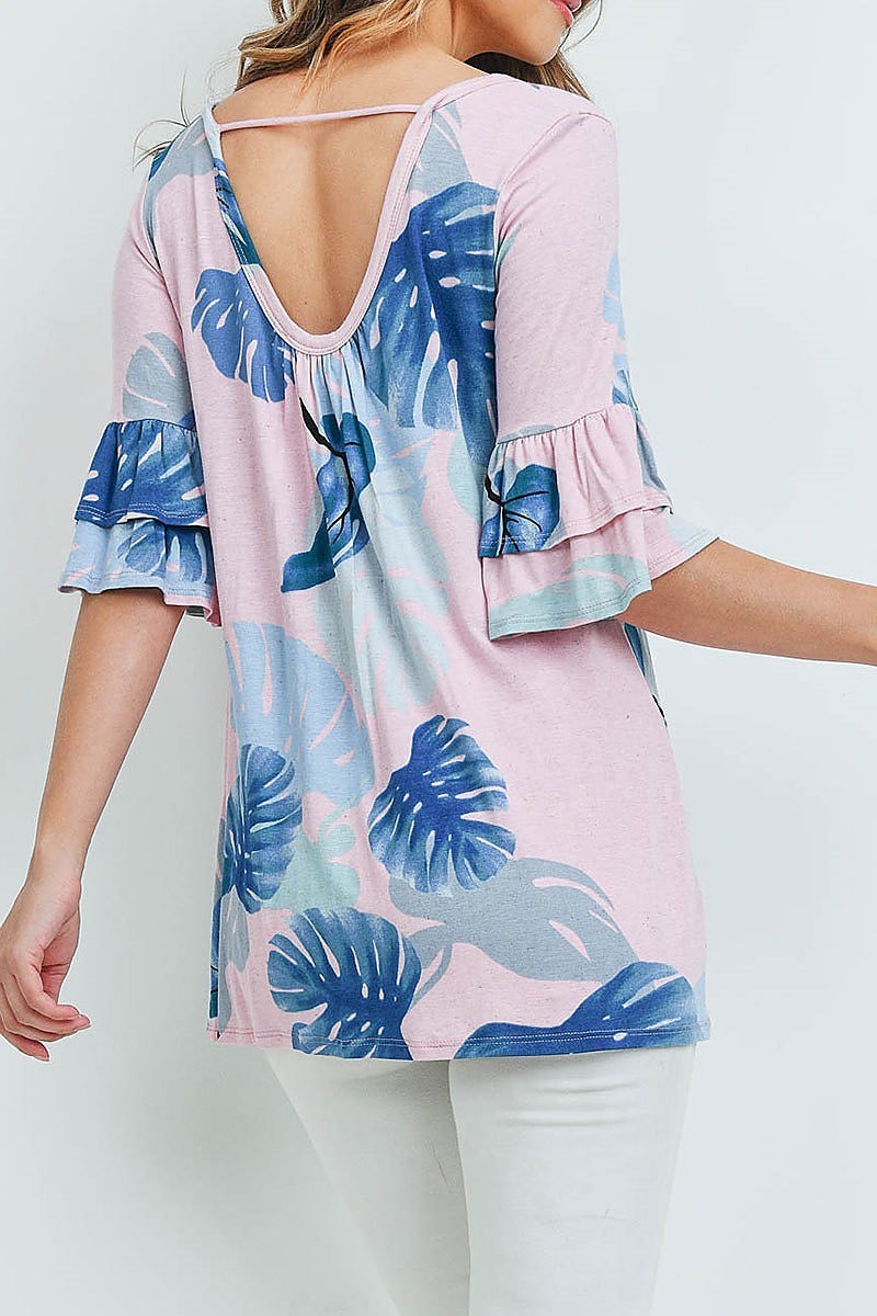 Bell sleeve leaves print tunic blouse top (ED8880-2)