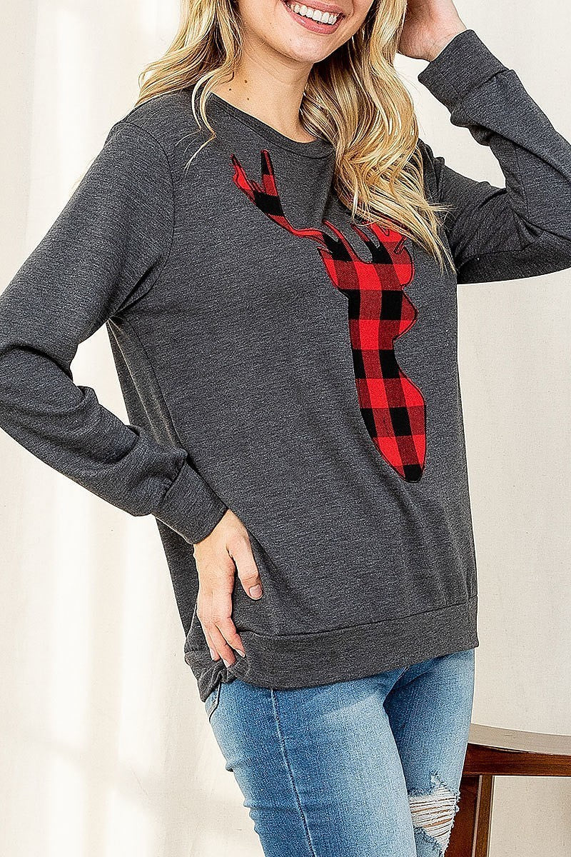 French terry long sleeve plaid reindeer print top (EF2506)