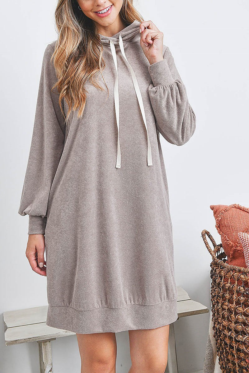 Puff sleeve hoodie dress with self tie (DED7129)