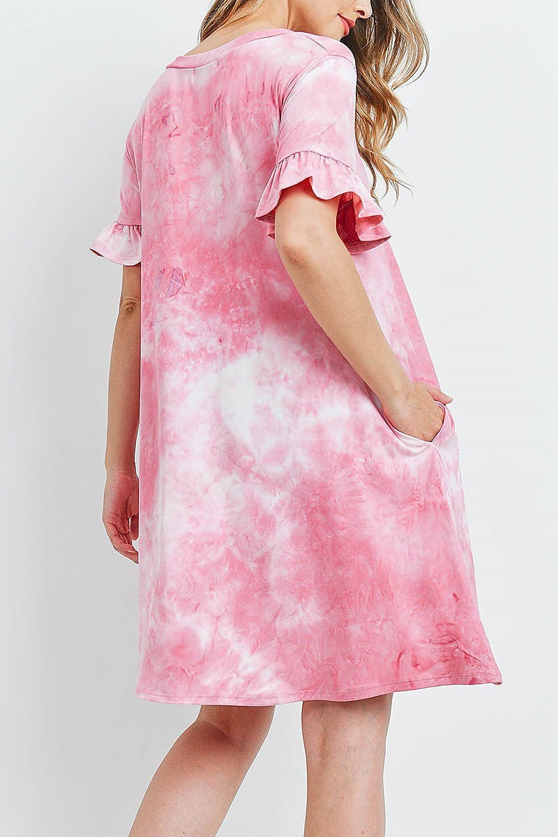 Tie dye ruffle sleeves v neck dress (DED6295)