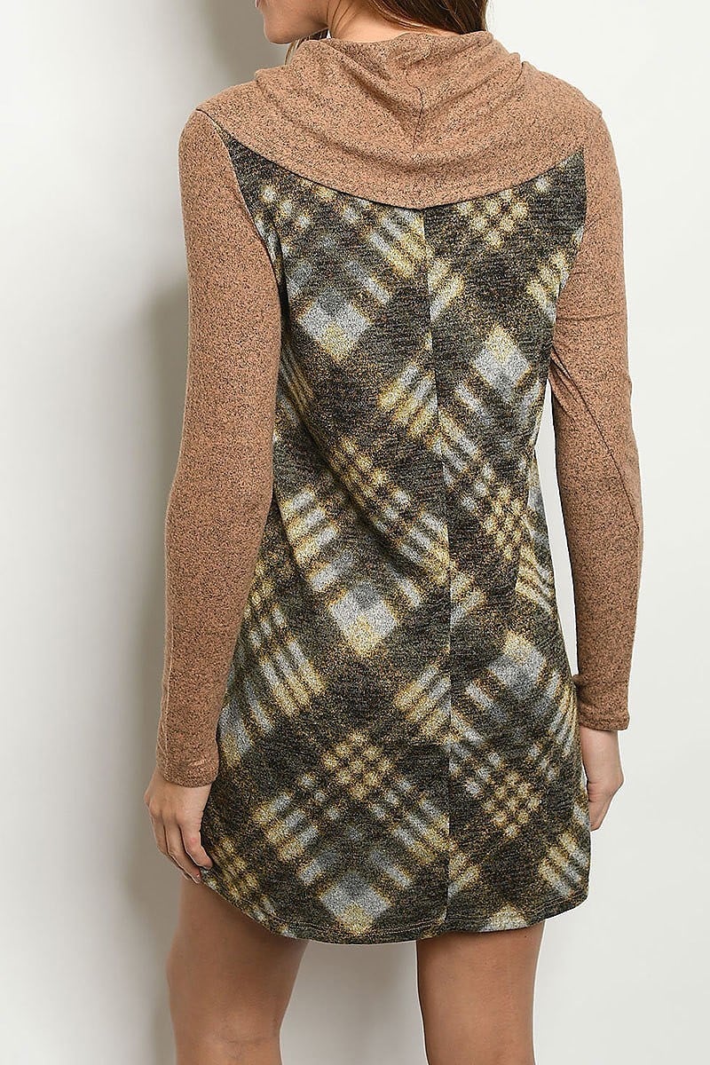 Cowl neck plaid color block dress (DED5479-2)