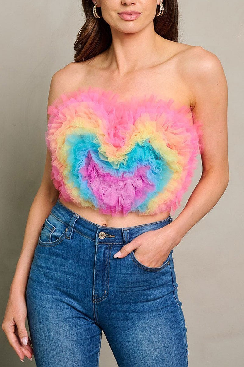 Sleeveless colorblock ruffle tube crop top (EGWT1880)