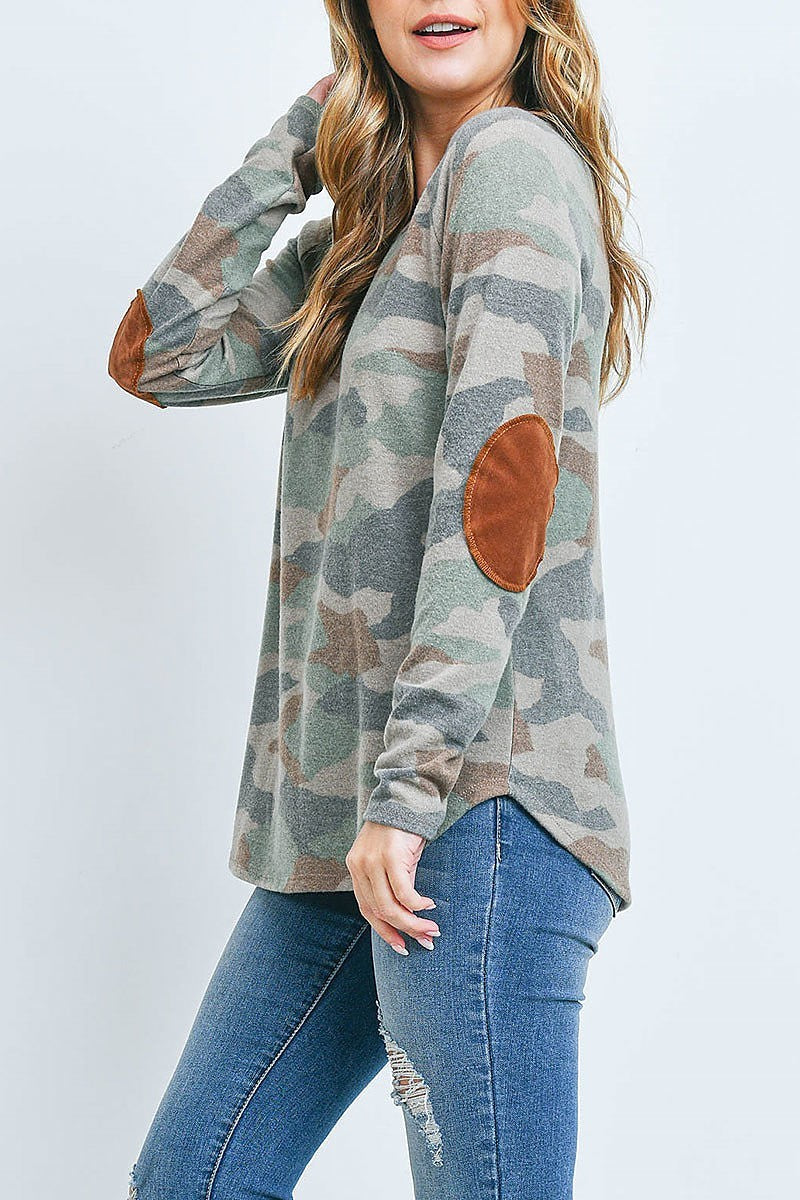 Suede elbow patch long sleeve camo top (EF2538)