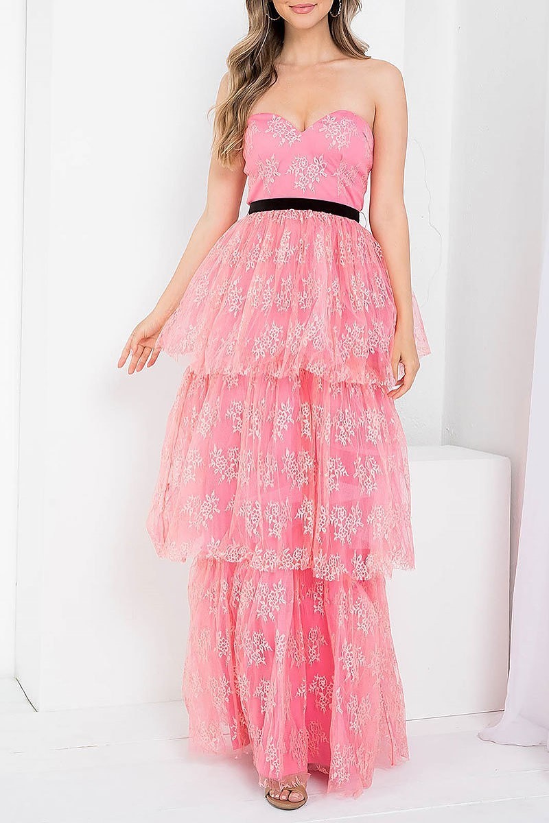 Sweetheart neck tiered layered flroal lace maxi dress (DED7391)