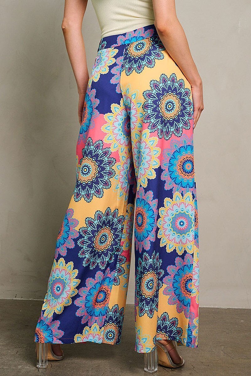 Zip up self tie palazzo multi print pants (EGWT1893)