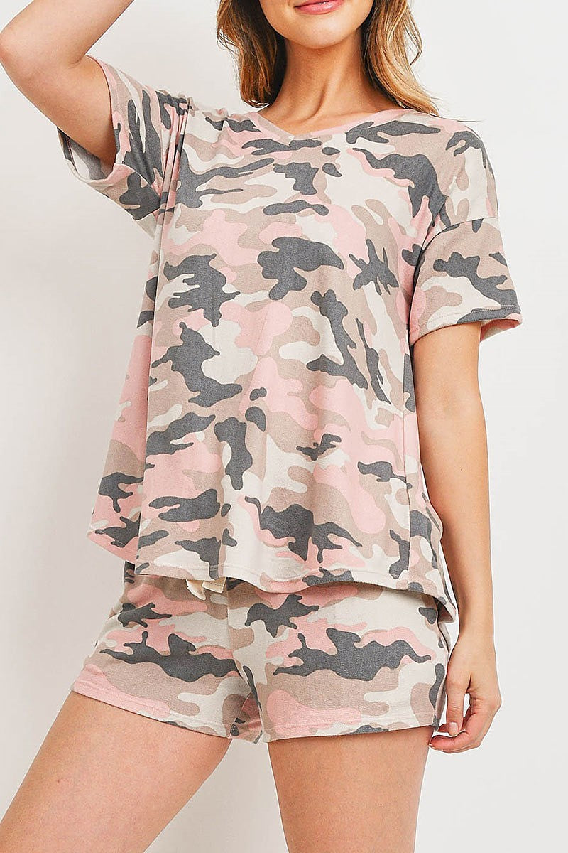 Camouflage v neck top and shorts set with self tie (ED9408)