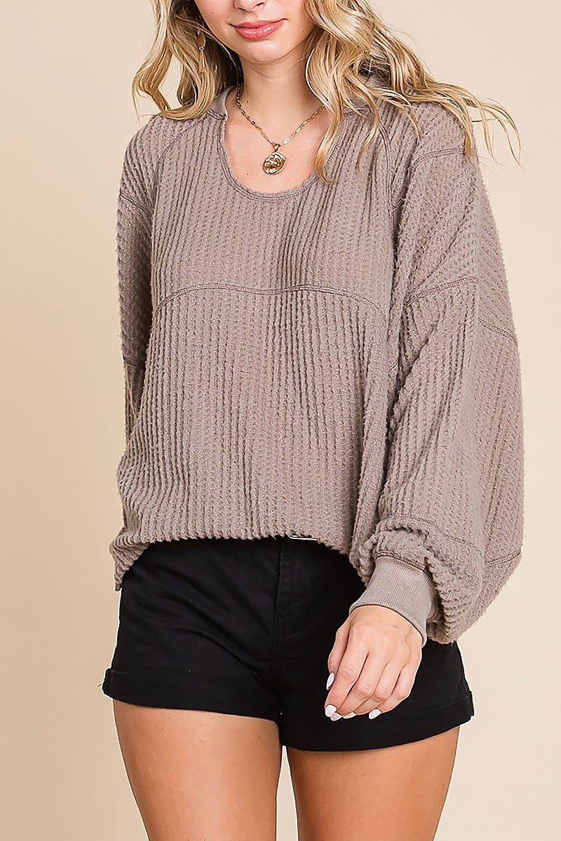 Blushed waffle out-stitching hemming pullover (EDH1829)