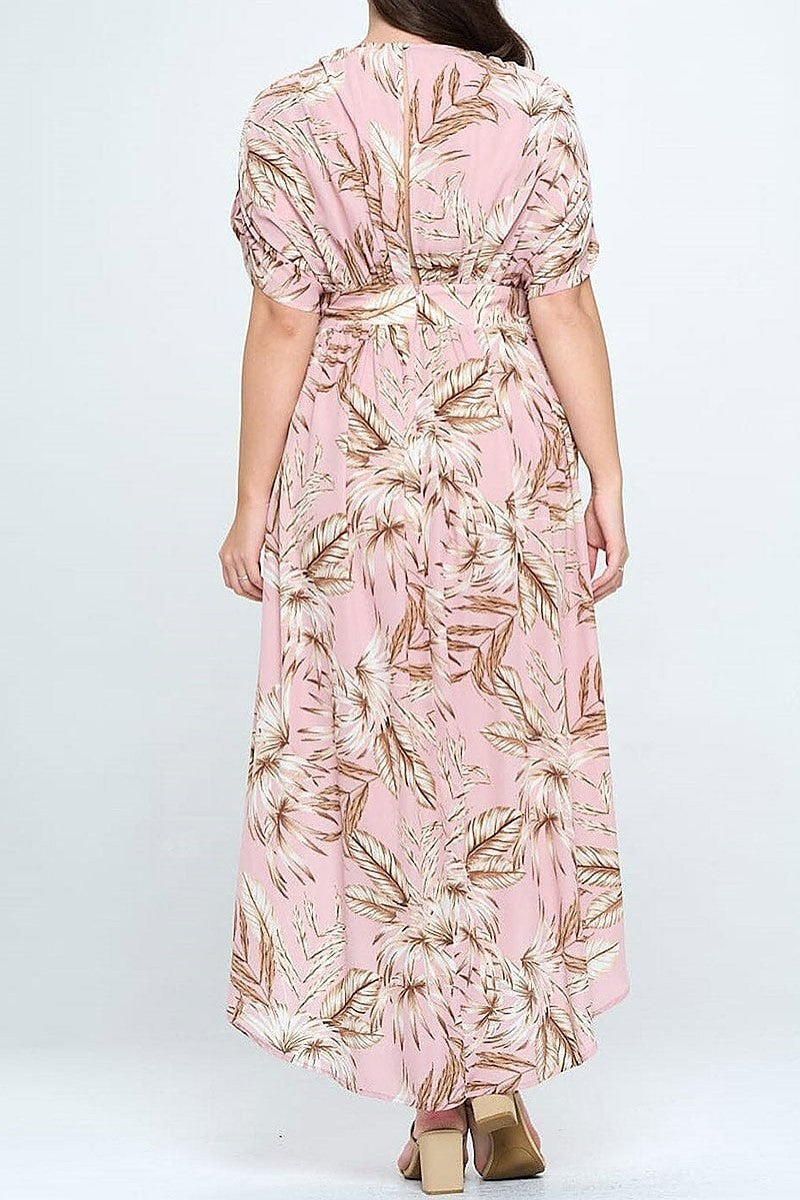 Short sleeve v-neck high-low leaf print maxi dress (EGWT1340)