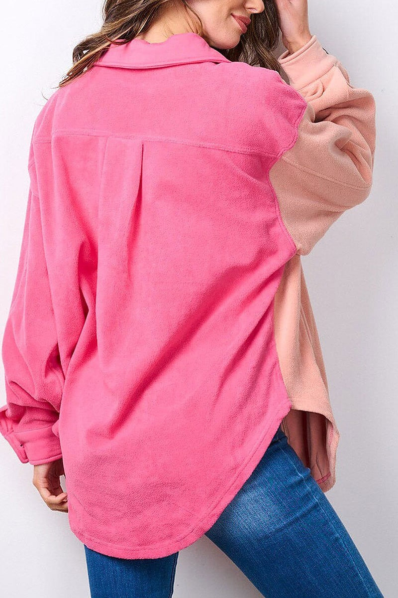 Long sleeve button up oversized colorblock top (EFWT7491)