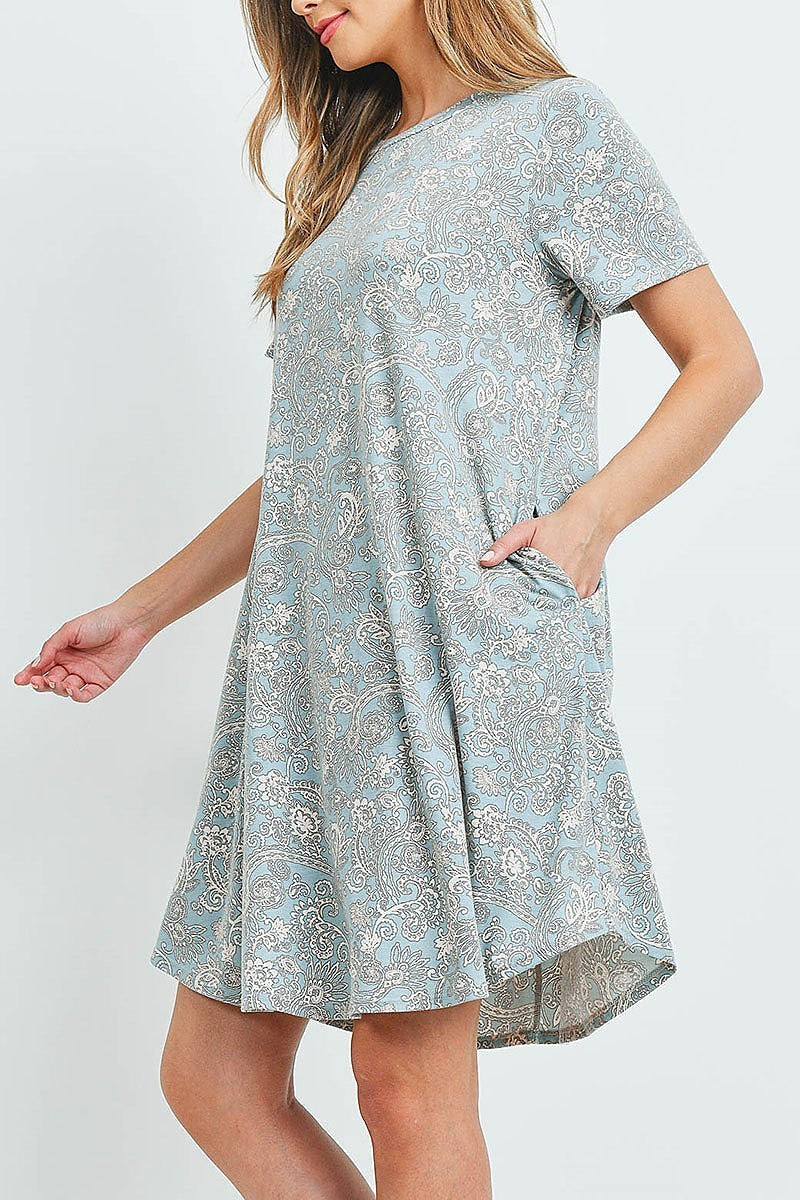 Short sleeves paisley round hem pocket dress (DED6353)