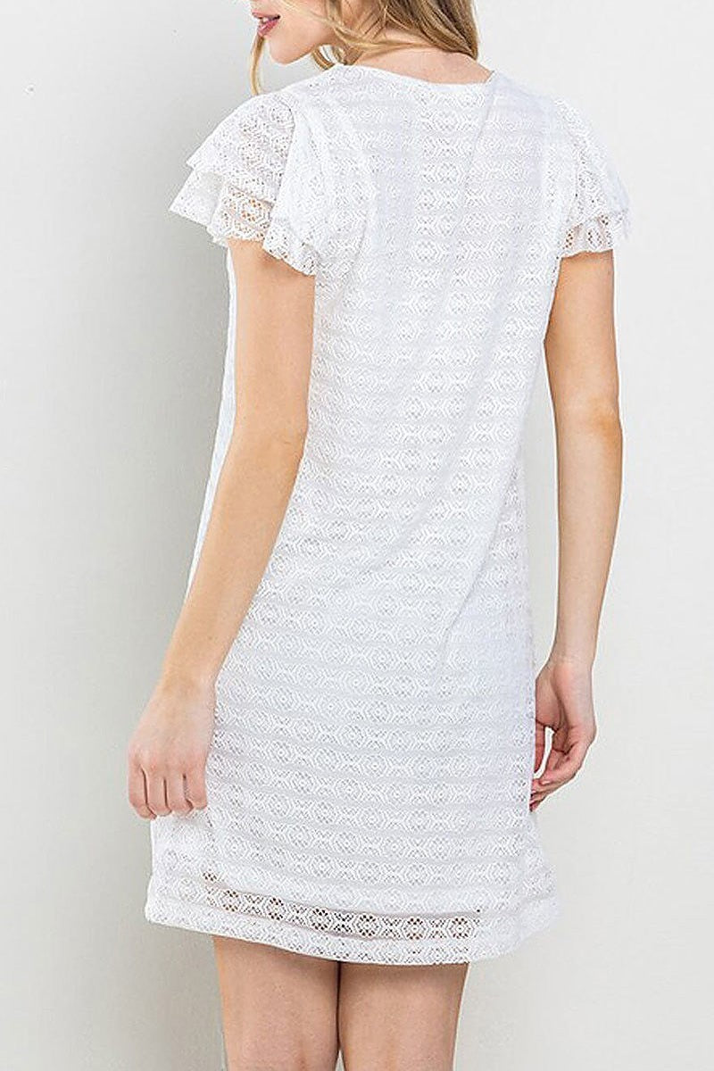 Short ruffle sleeve lace detailed tunic mini dress (EFWT8755)