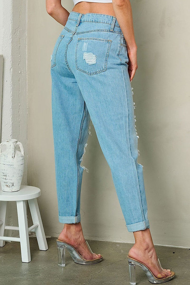 Button closure distressed denim jeans pants (EFWT2471)