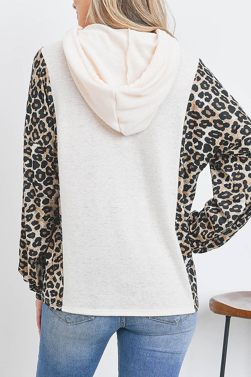 Leopard sleeve side contrast hoddie with self tie (EF2887)