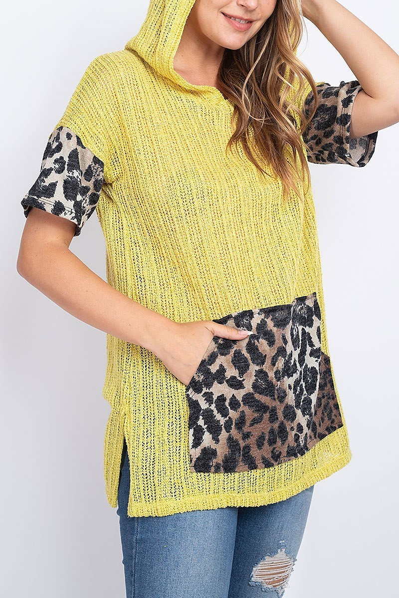 Animal print ribbed knit color block hoodie top (EF1905)