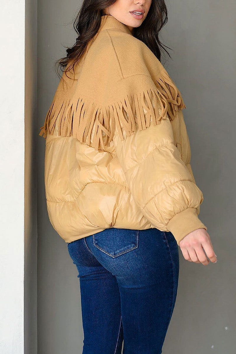 Long sleeve button up fringe puffer jacket (EDWT9442)