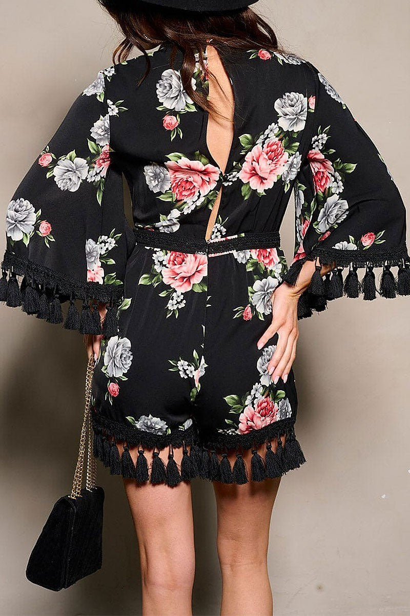 3/4 sleeves open back tassel floral romper (EFWT9417)