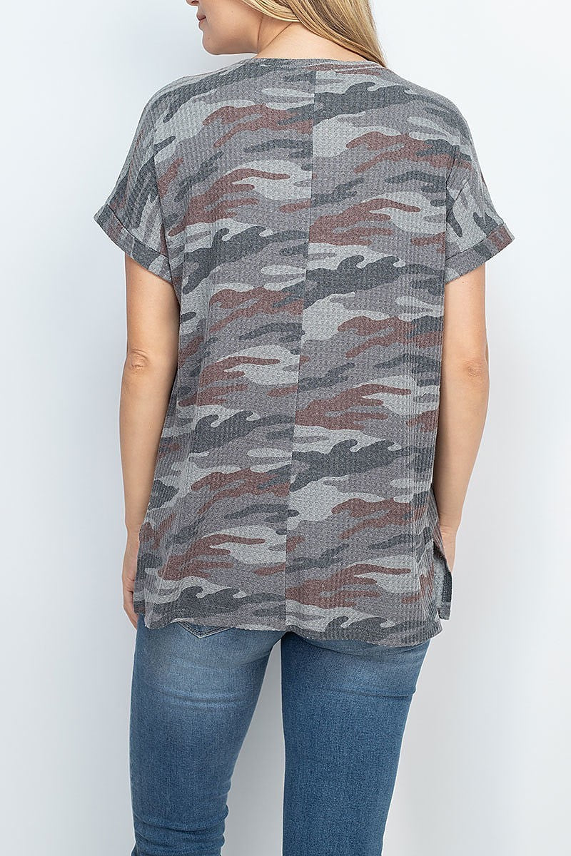 Rolled sleeve round neck waffle camo top (EF1861)