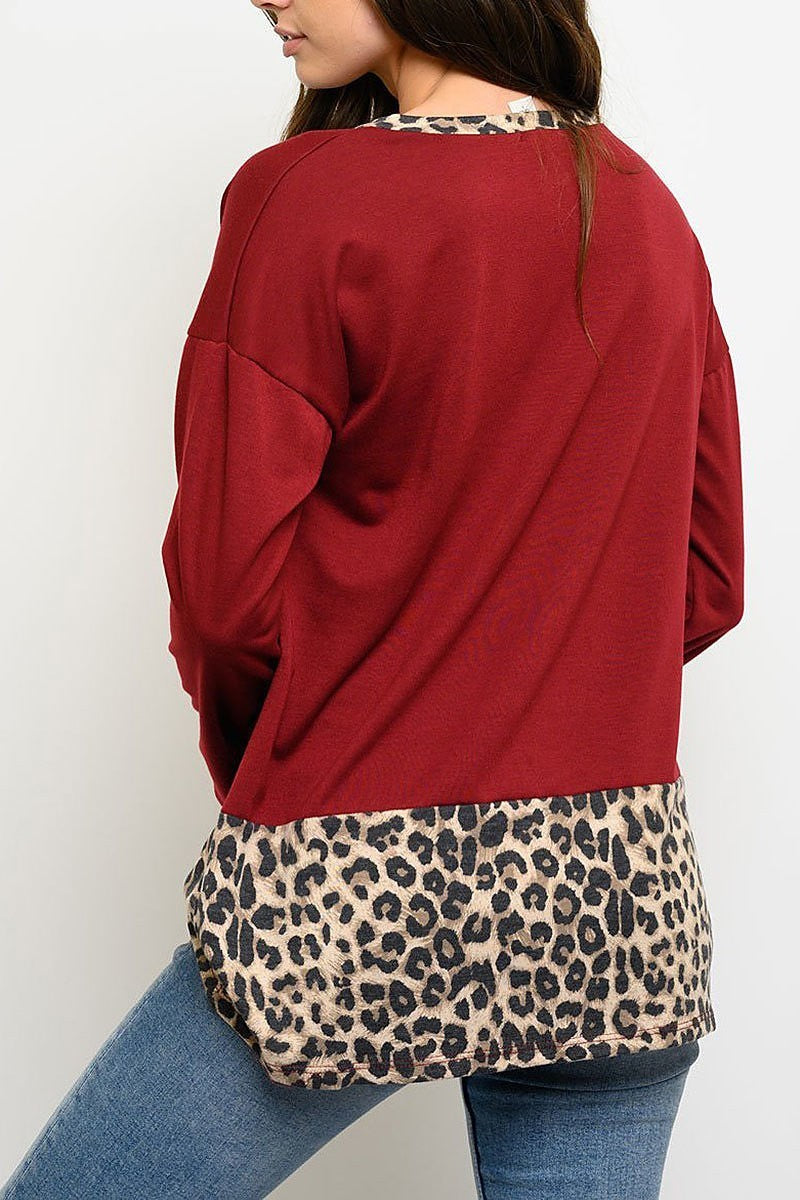 V neck long sleeve animal print top (EDWT3339)