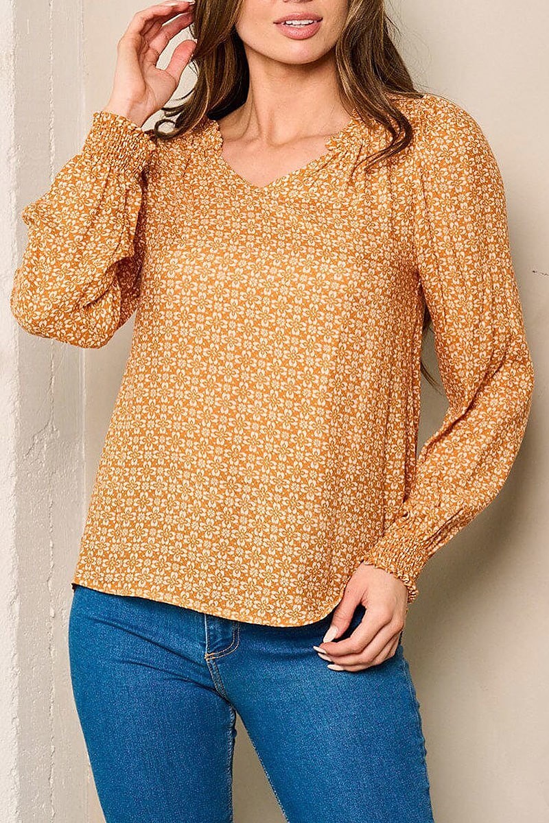 Long sleeve v-neck floral blouse top (EFWT4239)