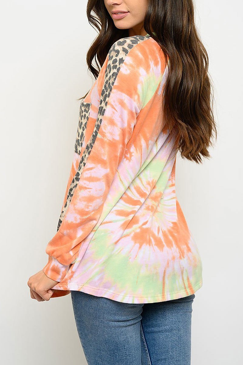 Contrast animal print tie dye long sleeve top (EDWT3071)