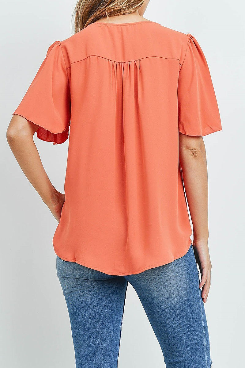 Waterfall sleeve v neck round hem top (ED9956)