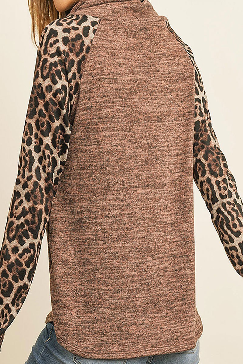 Cowl neck animal print sleeve color block top (ED7844)