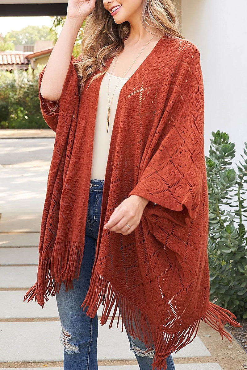 Crochet diamond pattern fringe ruana kimono (DGS5880)