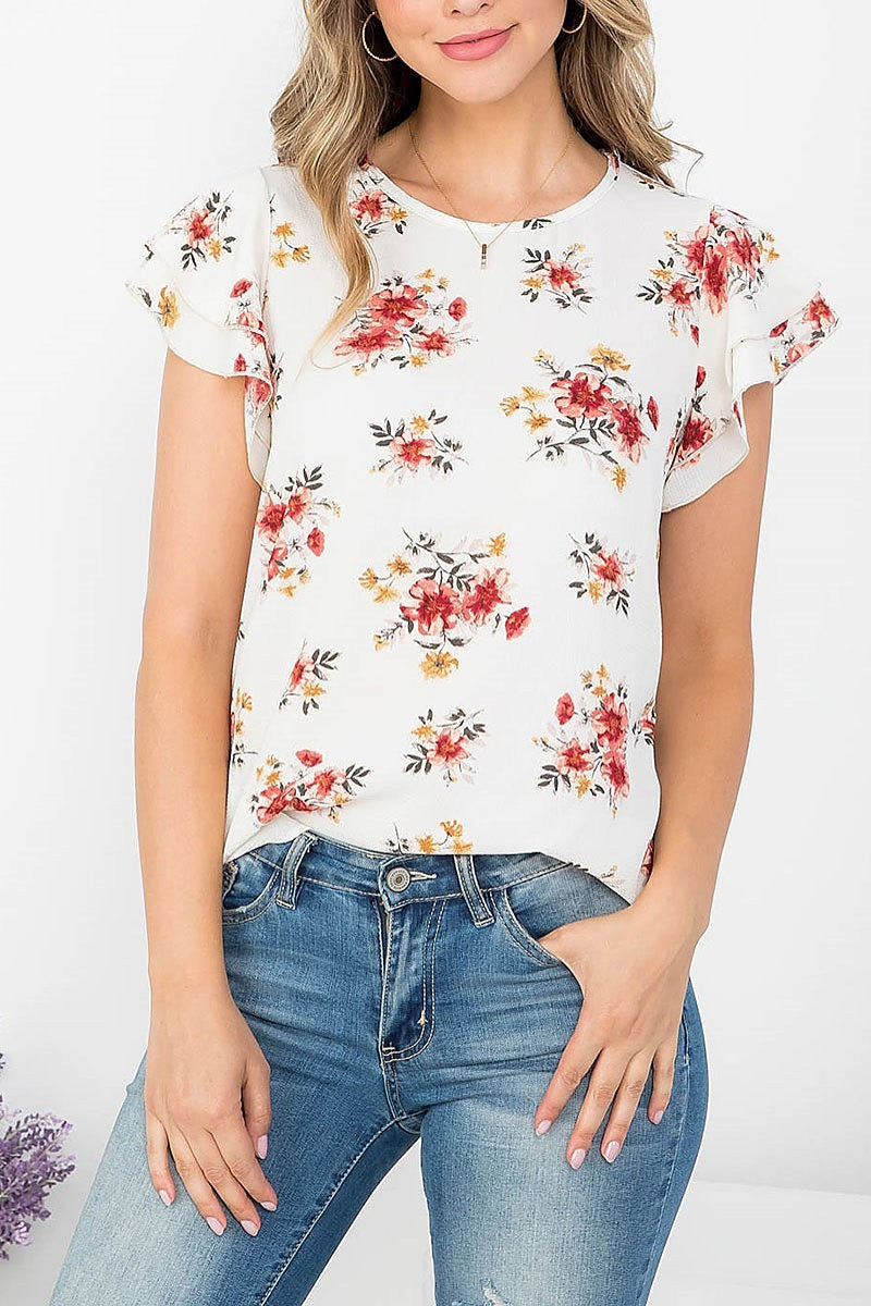 Ruffle sleeve round neck floral blouse (EF4371)