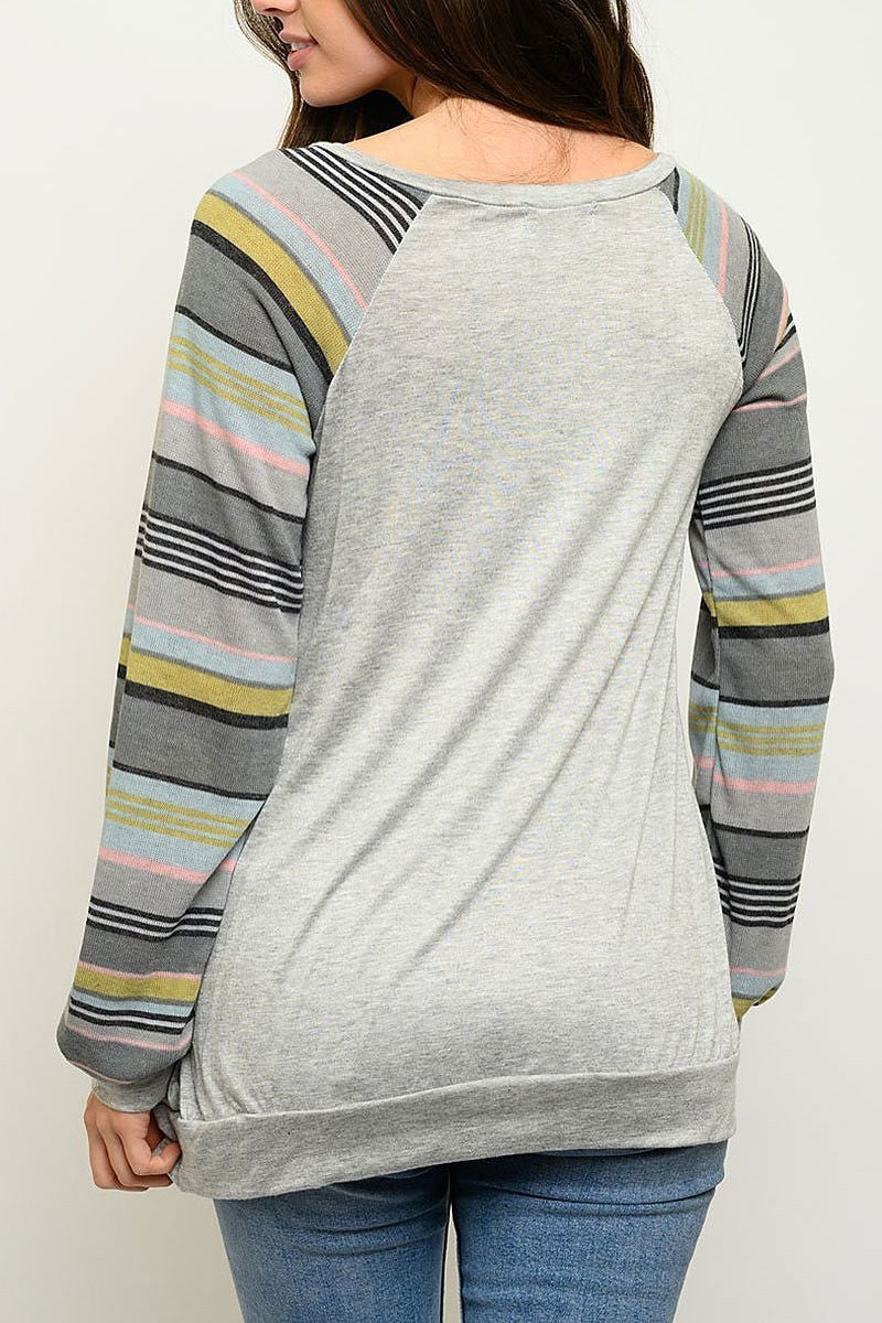 Long sleeve stripe coclor block top (EDWT3018)