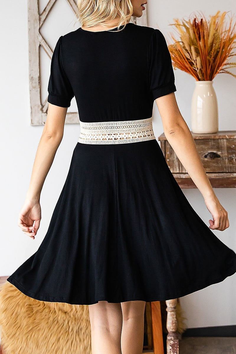 Short sleeve elastic crochet v neck dress (DED8059)