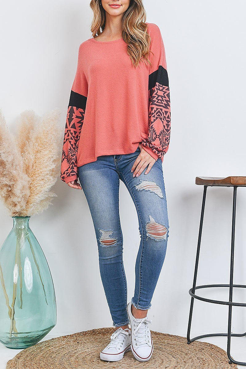 Aztec print color block bubble sleeve top (EF2484)