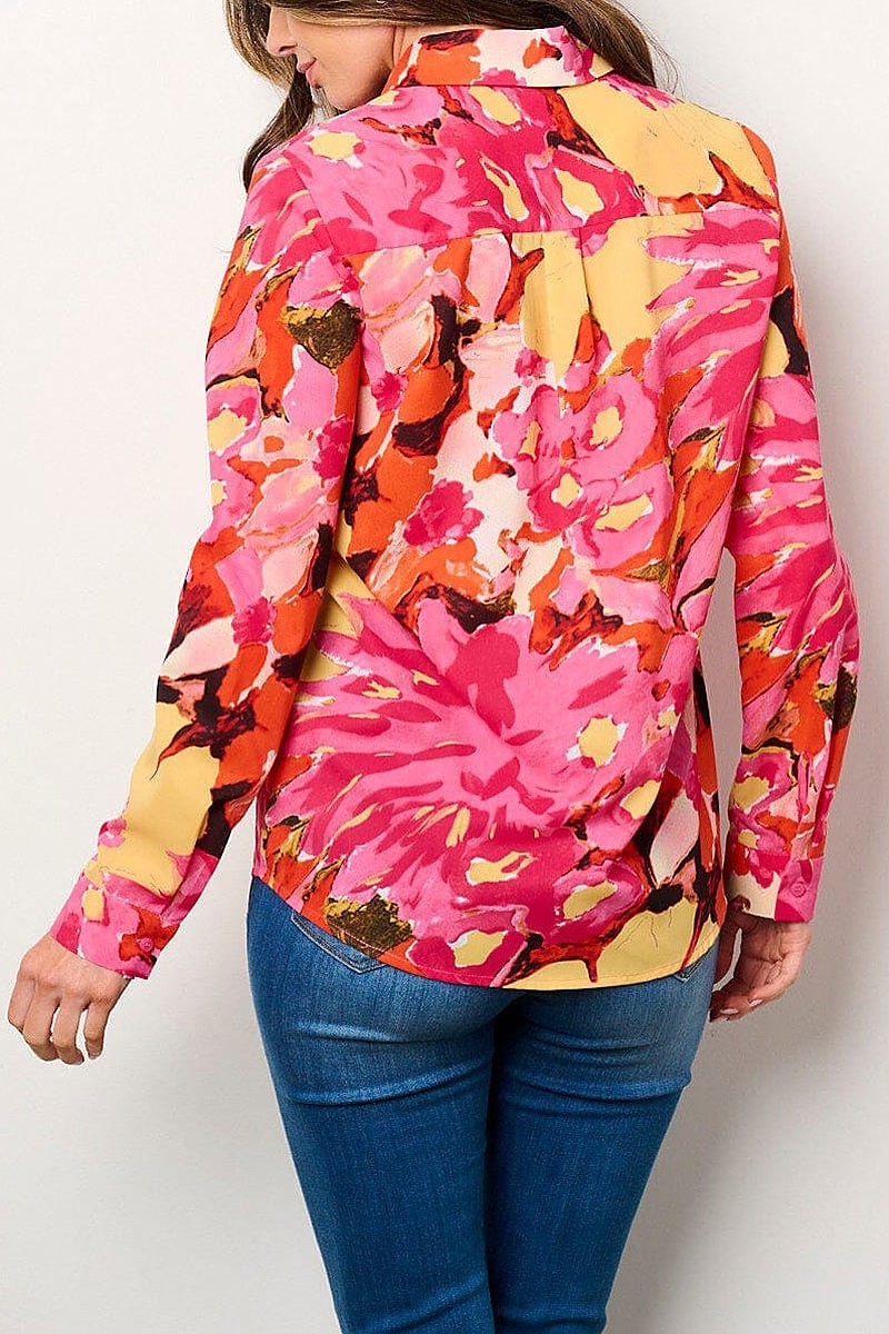 Long sleeve button up floral print blouse top (EFWT9084)