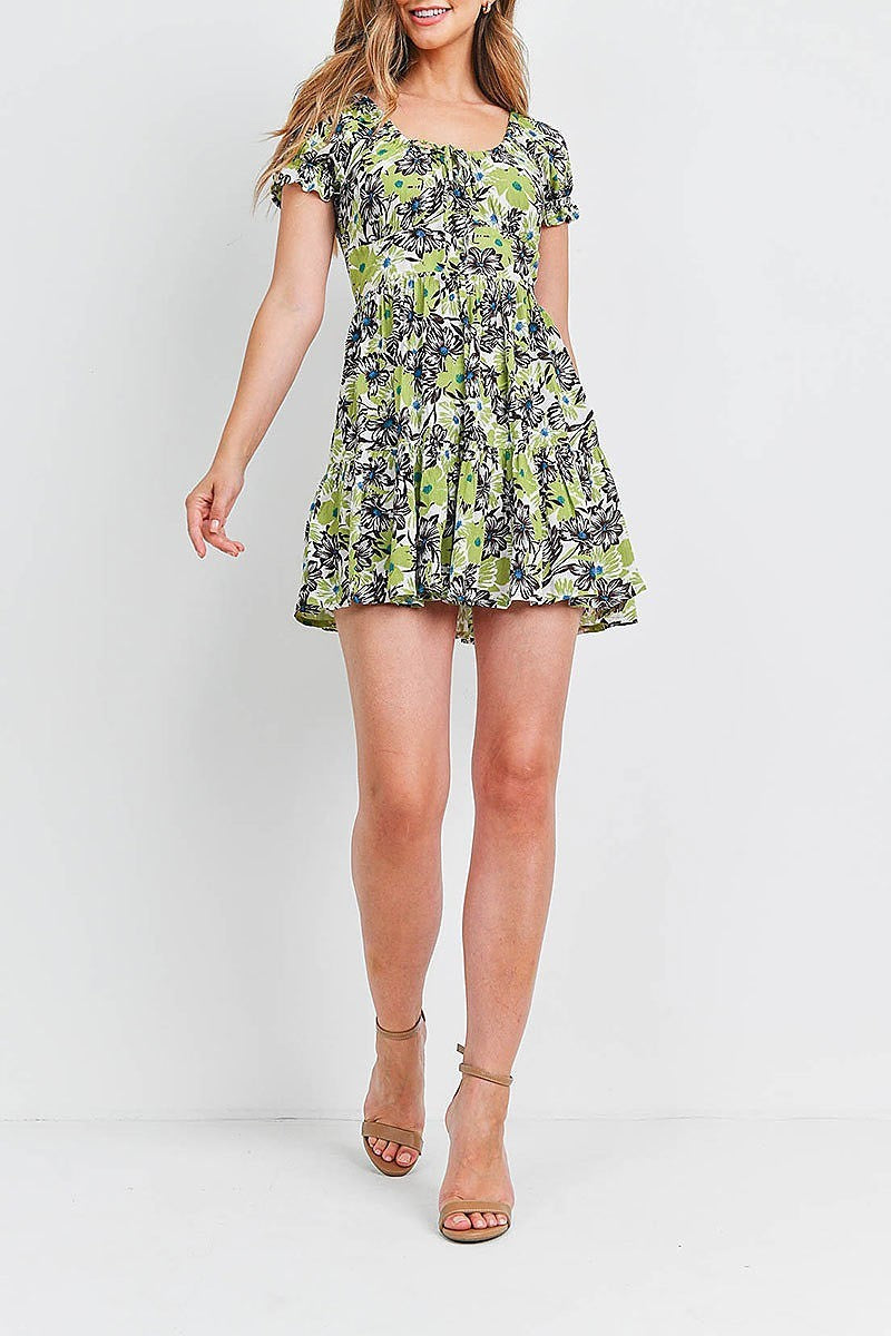 Ruched detail puff sleeve tiered floral print dress (DED6562)