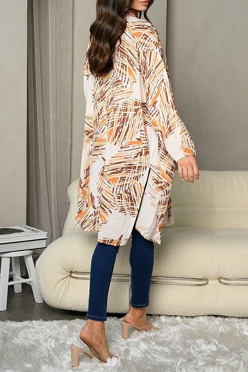 Long sleeve leaf print open cardigan (EDWT6834)