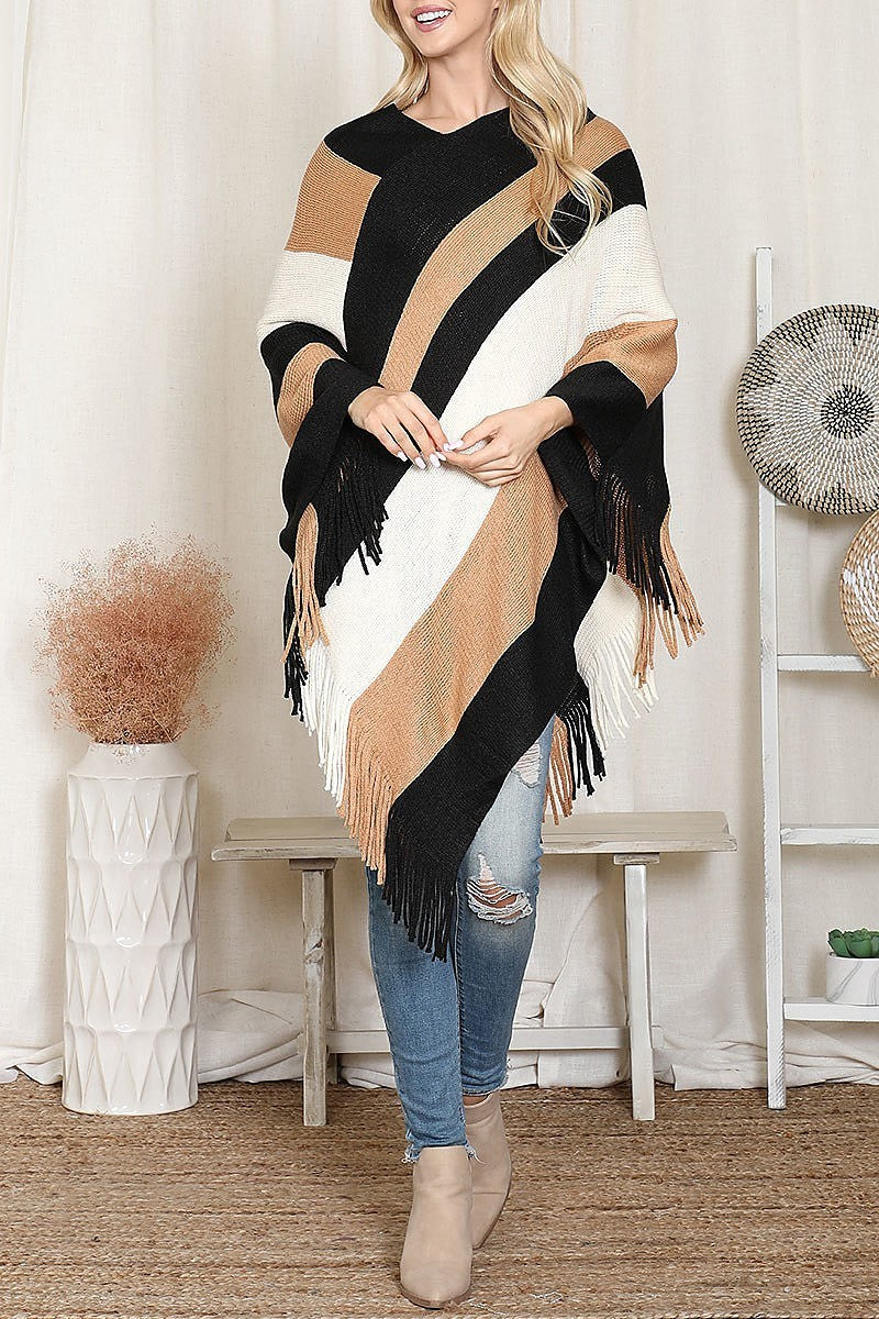 Color block fringe sweater poncho (DGS6331)