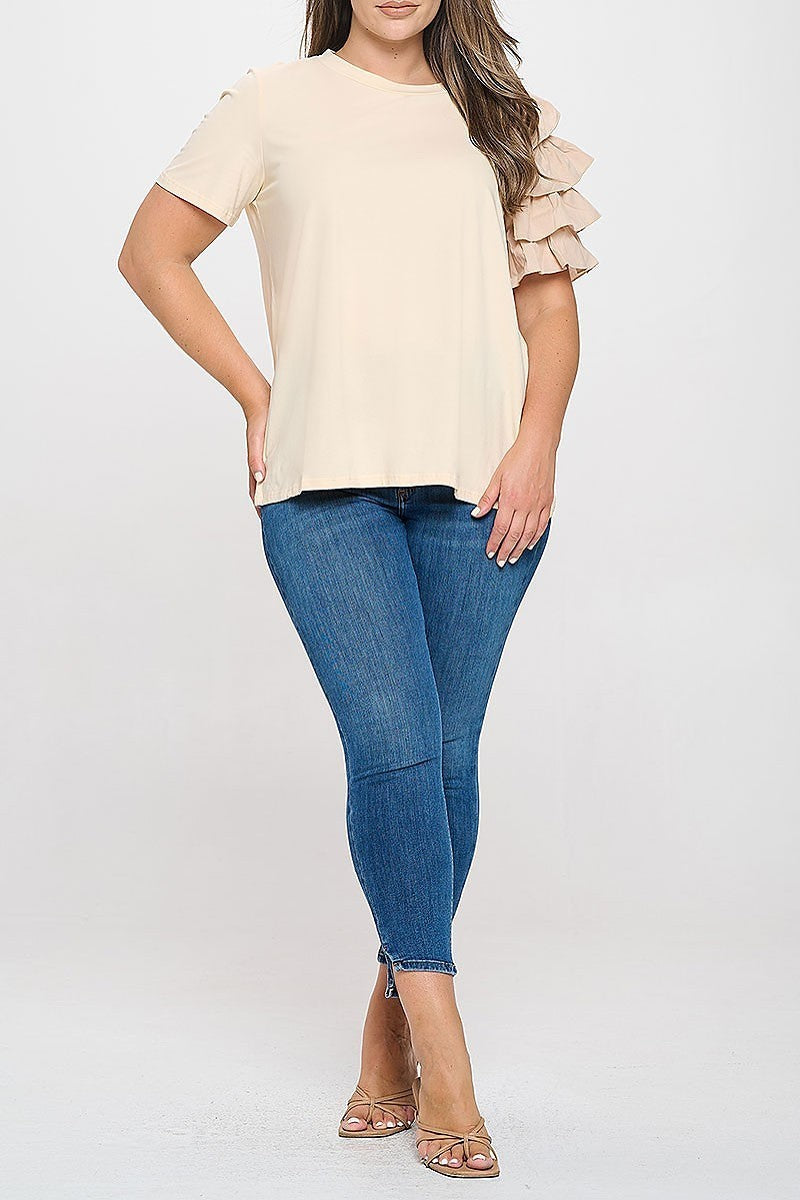 Plus size one sleeve layered ruffle solid top (XDG8262)