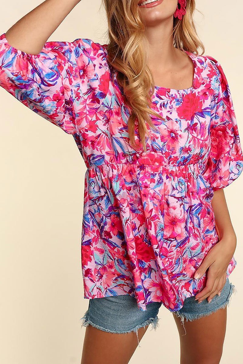 Floral bubble three quarter sleeve babydoll top (ETBM4418)