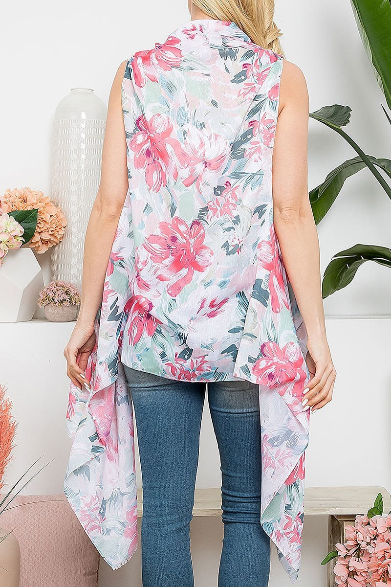 Flower print open front kimono vest (EF5314)