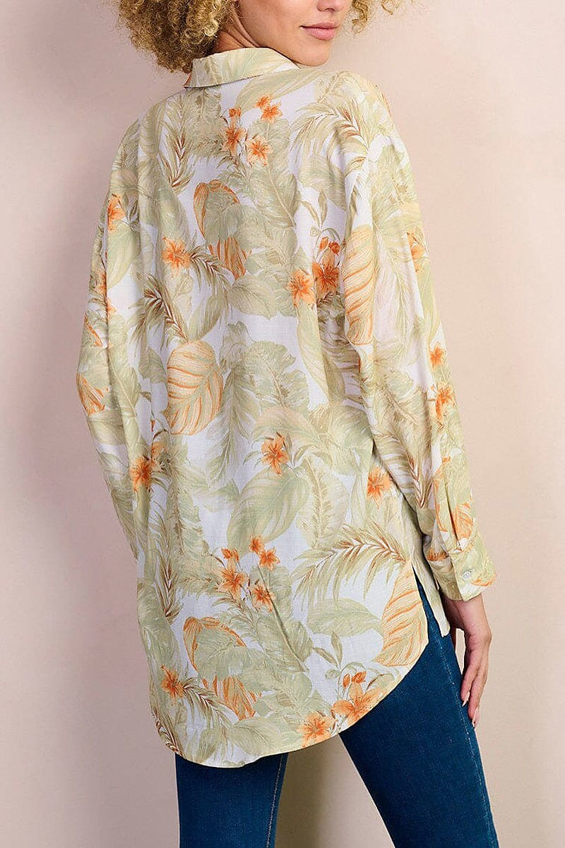 Button up front pocket leaf print blouse top (EFWT8483)