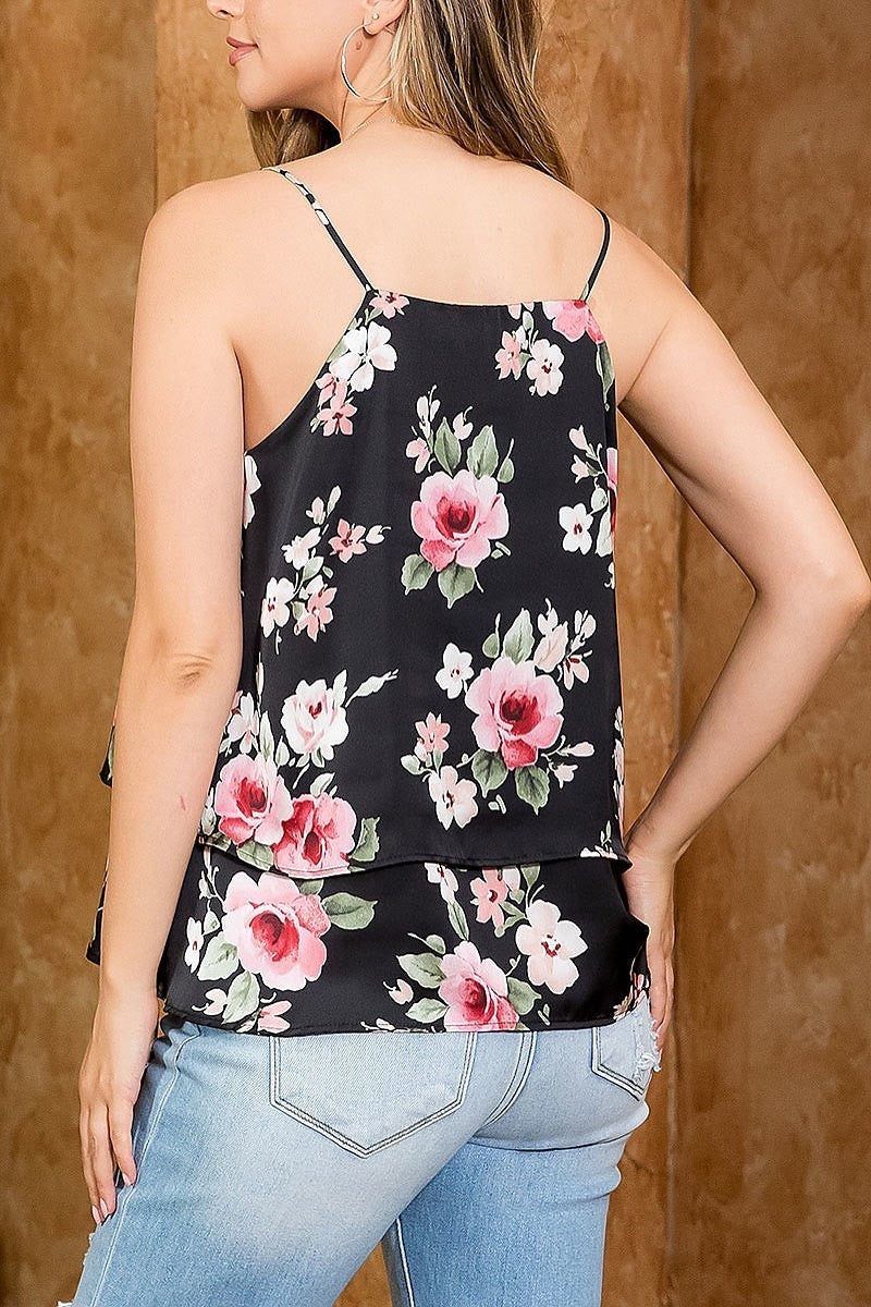 Floral ruffle hem spaghetti top with inside lining (EF4451)