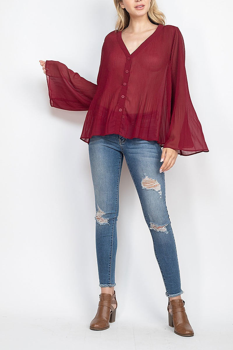 V neck pleated button front sheer top (ED7937-1)