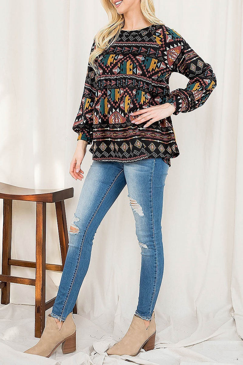 Boho print puff sleeve shirring top (EF2884)