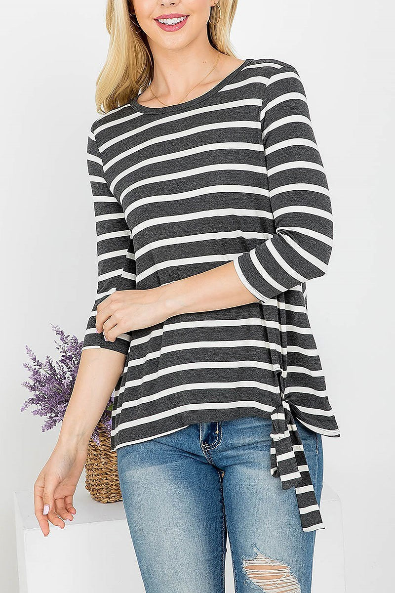 Waist tie stripe loose fit top (EF4138)