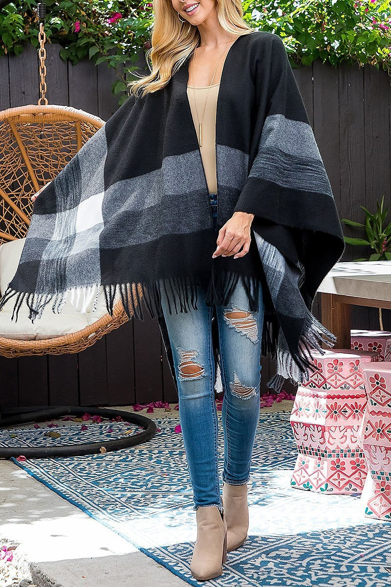 Border line fringe warmer kimono wrap (DGS5837)