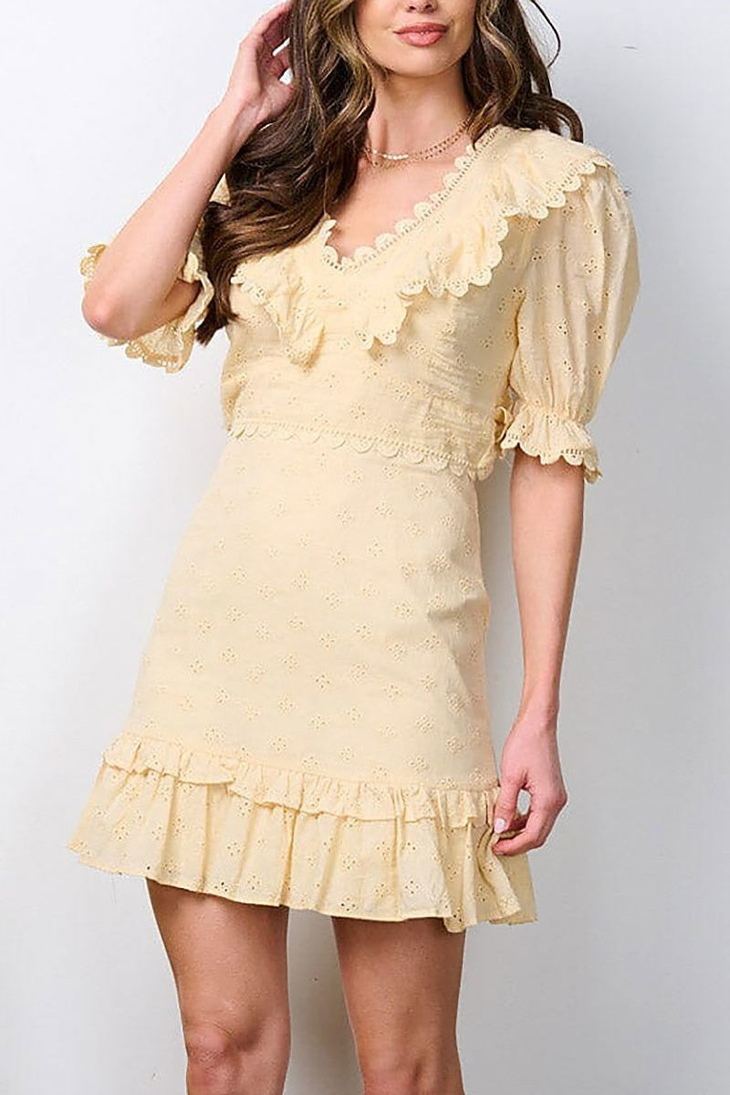 Puff ruffle eyelet detailed open back mini dress (EFWT7318)