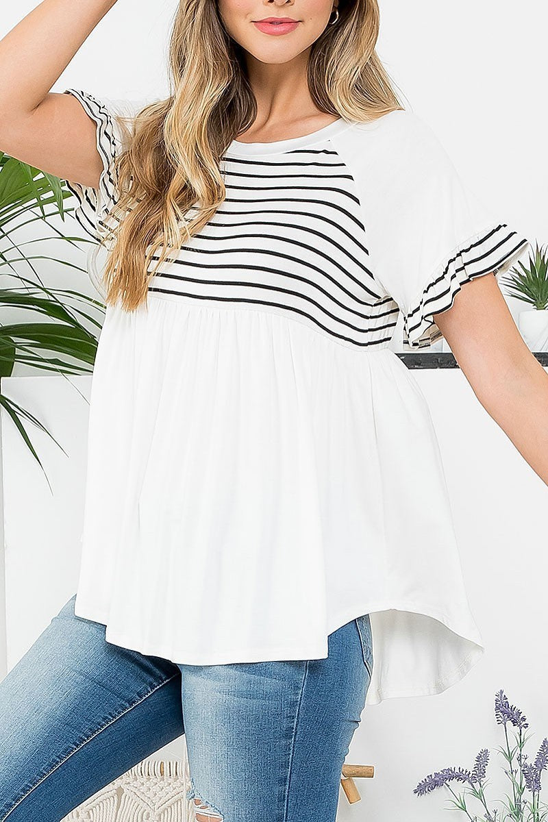 Stripe contrast ruffle detail color block top (EF3067)