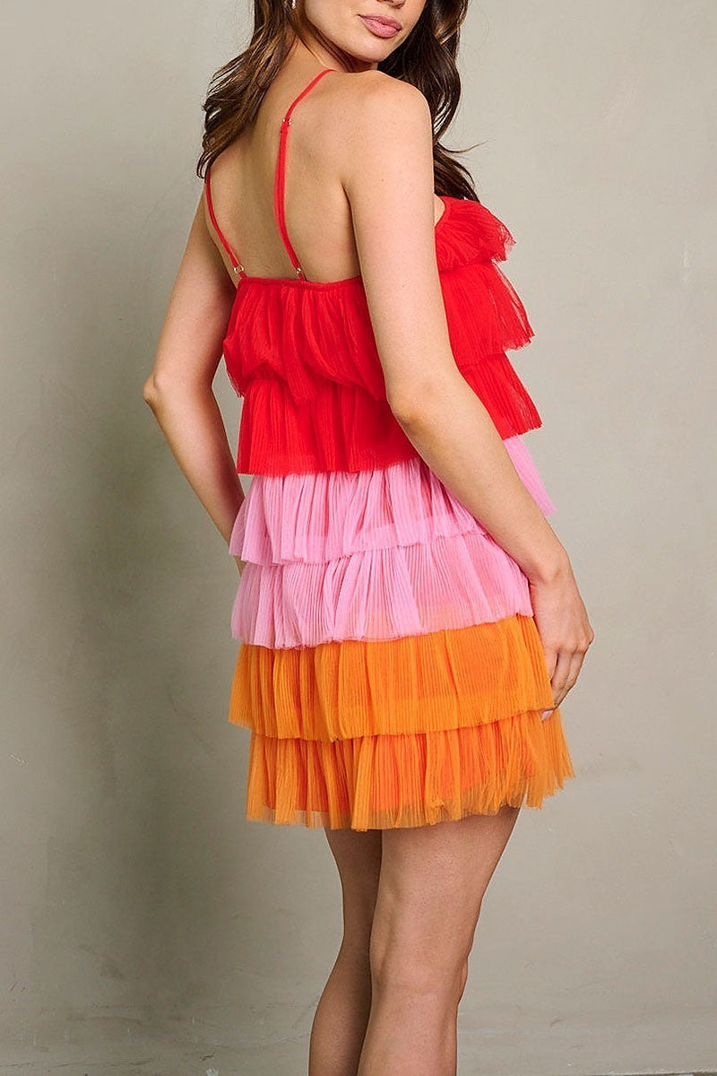 Sleeveless tiered ruffle colorblock mini dress (EGWT1966)